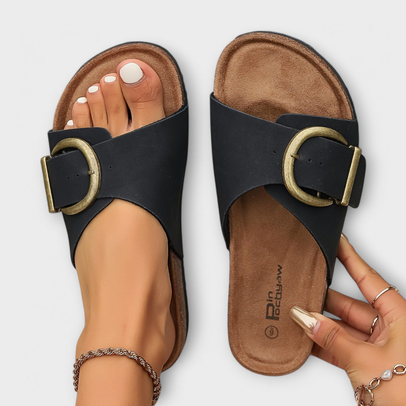 Margie | Damen Korkpantoletten mit Schnallenriemendesign